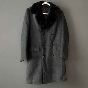 Men's Charcoal Double-Breasted Coat with Black Fur Collar
